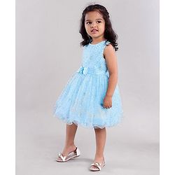 Babyhug Sleeveless Glittery Party Frock With Bow - Light Blue