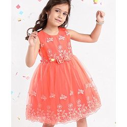 Babyhug Sleeveless Floral Embroidery Party Frock - Orange