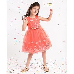 Babyhug Sleeveless Floral Embroidery Party Frock - Orange