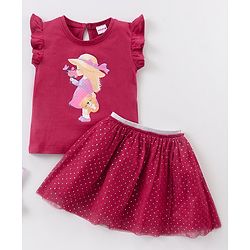 Babyhug Short Sleeves Knit Top & Knee Length Fancy Mesh Skirt  With Foil - Maroon