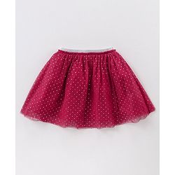 Babyhug Short Sleeves Knit Top & Knee Length Fancy Mesh Skirt  With Foil - Maroon