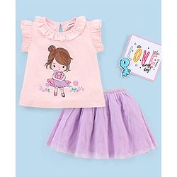 Babyhug Frill Sleeves Cotton Top & Skirt Set With Net Detailing Placement Print- Pink Lilac