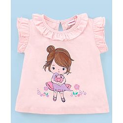 Babyhug Frill Sleeves Cotton Top & Skirt Set With Net Detailing Placement Print- Pink Lilac