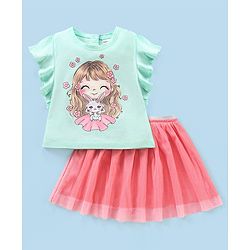 Babyhug Cotton Knit Short Sleeves Printed Top & Fancy Mesh Glitter Skirt - Light Blue & Pink