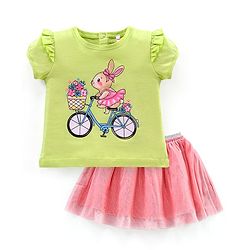 Babyhug Half Sleeves Rabbit Print Top & Knee Length Glitter Skirt - Green Pink