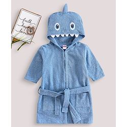 Babyhug Woven Terry  Full Sleeves Hooded Bath Robe Shark Design - Blue