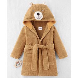 Babyhug Woven Terry Full Sleeves Hooded Bath Robe Teddy Design - Brown