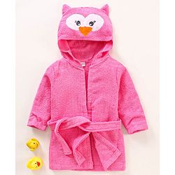 Babyhug Three Fourth Sleeves Woven Terry Hooded Bath Robe Owl Design - Pink