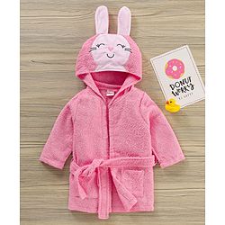 Babyhug Bunny Woven Full Sleeves Terry Bath Robe - Pink