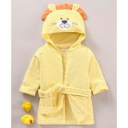 Babyhug Three Fourth Sleeves Woven Terry Hooded Bath Robe Lion Design - Yellow