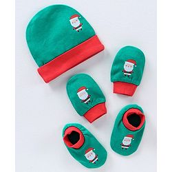 Babyhug 100% Cotton Cap Mittens & Booties Set Santa Print Green - Circumference 30 cm