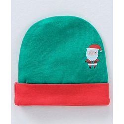 Babyhug 100% Cotton Cap Mittens & Booties Set Santa Print Green - Circumference 30 cm