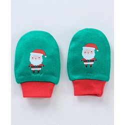 Babyhug 100% Cotton Cap Mittens & Booties Set Santa Print Green - Circumference 30 cm