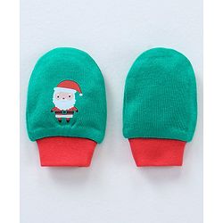 Babyhug 100% Cotton Cap Mittens & Booties Set Santa Print Green - Circumference 30 cm