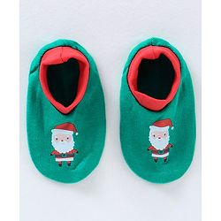 Babyhug 100% Cotton Cap Mittens & Booties Set Santa Print Green - Circumference 30 cm