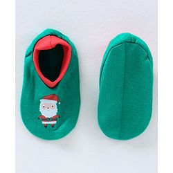 Babyhug 100% Cotton Cap Mittens & Booties Set Santa Print Green - Circumference 30 cm