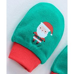 Babyhug 100% Cotton Cap Mittens & Booties Set Santa Print Green - Circumference 30 cm