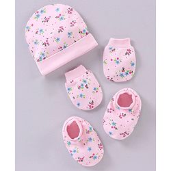 Babyhug 100% Cotton Cap Mittens & Booties Set Floral Print Pink - Circumference 32 cm