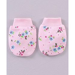 Babyhug 100% Cotton Cap Mittens & Booties Set Floral Print Pink - Circumference 32 cm