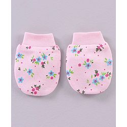 Babyhug 100% Cotton Cap Mittens & Booties Set Floral Print Pink - Circumference 32 cm