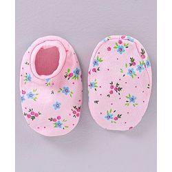 Babyhug 100% Cotton Cap Mittens & Booties Set Floral Print Pink - Circumference 32 cm