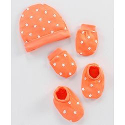 Babyhug 100% Cotton Cap Mittens & Booties Orange - Circumference 30 cm