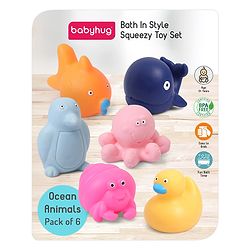 Babyhug Ocean-Animals Bath Squeeze Toys -Pack of 6 | Aquatic Adventure Set With Whale, Duck, Penguin, Fish Characters | Sensory, Fine-Motor Skill Development | Multicolour | BIS Certified