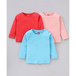 Babyhug Full Sleeves Cotton Blend Knit Tees Solid Pack of 3- Blue Red Peach