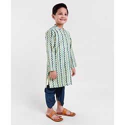 Babyhug 100% Cotton Full Sleeves Kurta and Dhoti Set Zig Zag Print - Beige & Navy