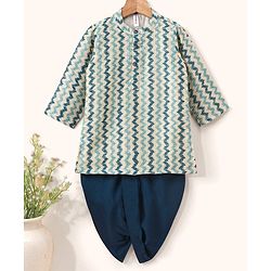 Babyhug 100% Cotton Full Sleeves Kurta and Dhoti Set Zig Zag Print - Beige & Navy