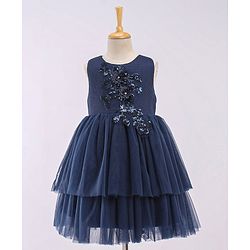 Babyhug Sleeveless Party Wear Frock With 3D Floral Applique - Navy