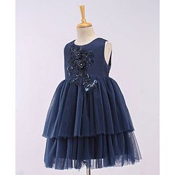 Babyhug Sleeveless Party Wear Frock With 3D Floral Applique - Navy