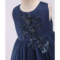 Babyhug Sleeveless Party Wear Frock With 3D Floral Applique - Navy