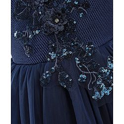 Babyhug Sleeveless Party Wear Frock With 3D Floral Applique - Navy