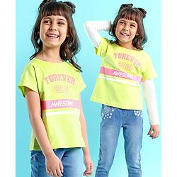 Babyhug 100% Cotton Full Sleeves T-Shirt Text Graphics Pack of 2 - Lime & Off White