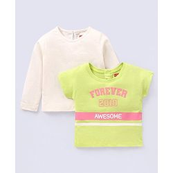 Babyhug 100% Cotton Full Sleeves T-Shirt Text Graphics Pack of 2 - Lime & Off White