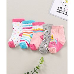 Cute Walk by Babyhug Ankle Length Antibacterial Socks Pack Of 5  Striped & Unicorn Design - Multicolour