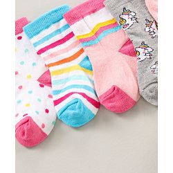 Cute Walk by Babyhug Ankle Length Antibacterial Socks Pack Of 5  Striped & Unicorn Design - Multicolour