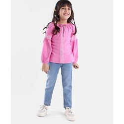 Babyhug 100% Rayon Full Length Embroidered Top with Denim Jeans- Pink & Blue