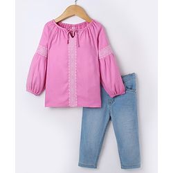 Babyhug 100% Rayon Full Length Embroidered Top with Denim Jeans- Pink & Blue
