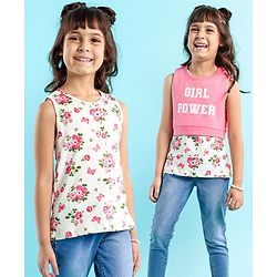Babyhug Sleeveless Crop Top with Inner Tee Floral and Text Print - Pink White