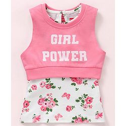 Babyhug Sleeveless Crop Top with Inner Tee Floral and Text Print - Pink White