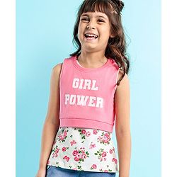 Babyhug Sleeveless Crop Top with Inner Tee Floral and Text Print - Pink White