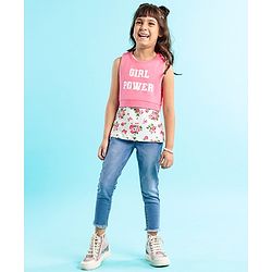 Babyhug Sleeveless Crop Top with Inner Tee Floral and Text Print - Pink White