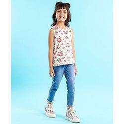 Babyhug Sleeveless Crop Top with Inner Tee Floral and Text Print - Pink White
