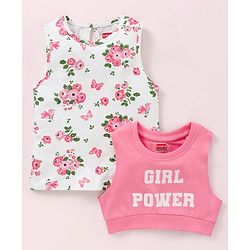 Babyhug Sleeveless Crop Top with Inner Tee Floral and Text Print - Pink White
