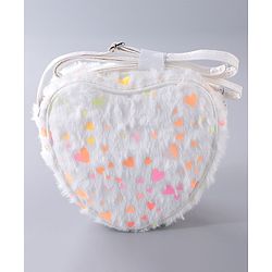 Babyhug Free Size Sling Bag With Fur Detailing & Hearts Print- White