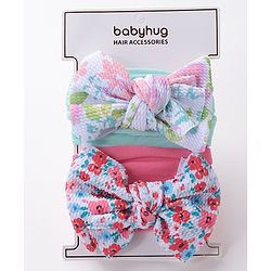 Babyhug Free Size Headbands with Bow Applique Floral Print Pack of 2 - Pink & Blue