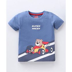 Babyhug Half Sleeves T-Shirt Racing Bear Print - Blue
