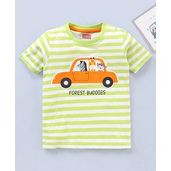 Babyhug Cotton Half Sleeves Striped T-Shirt Car Applique - Light Green